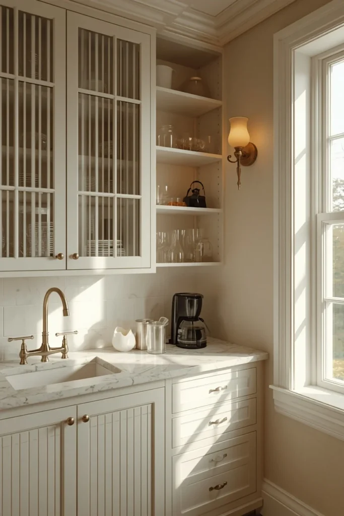 20 White Kitchen Ideas That Are Bright, Fresh & Absolutely Dreamy 20 butler's pantry vignette, featuring fluted glass cabinet fronts