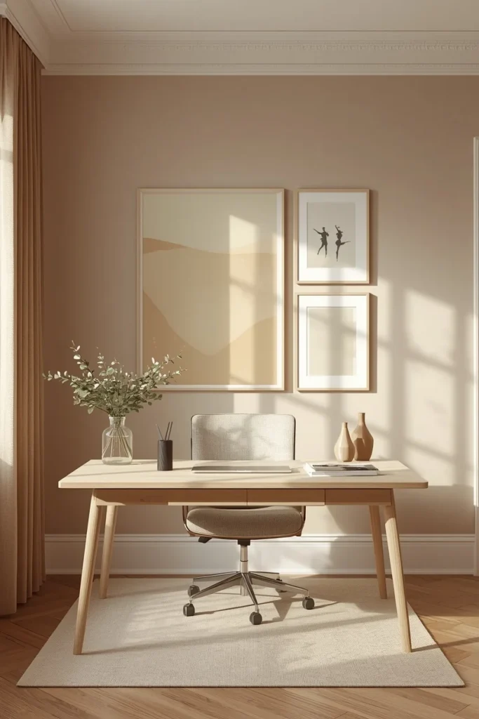 neutral home office, featuring a tone-on-tone gallery wall