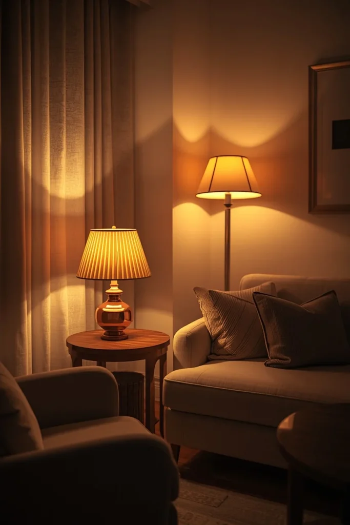 25 Apartment Living Room Ideas That Are Stylish, Smart and Totally Renter-Safe 22 apartment living room, featuring a warm table lamp on a side table