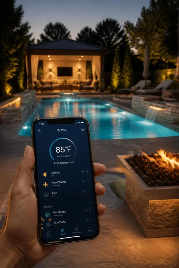 backyard pool, featuring a smartphone displaying a pool automation app 