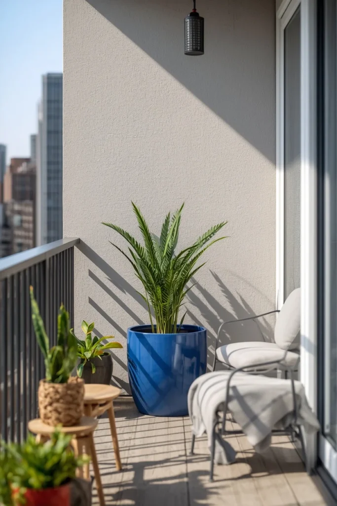 25 Balcony Ideas That Turn Even the Smallest Outdoor Space Into a Retreat 22 small balcony, featuring a single cobalt blue painted planter