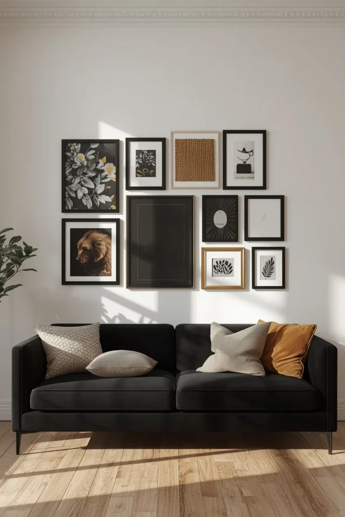  living room, featuring a black sofa beneath a curated gallery wall