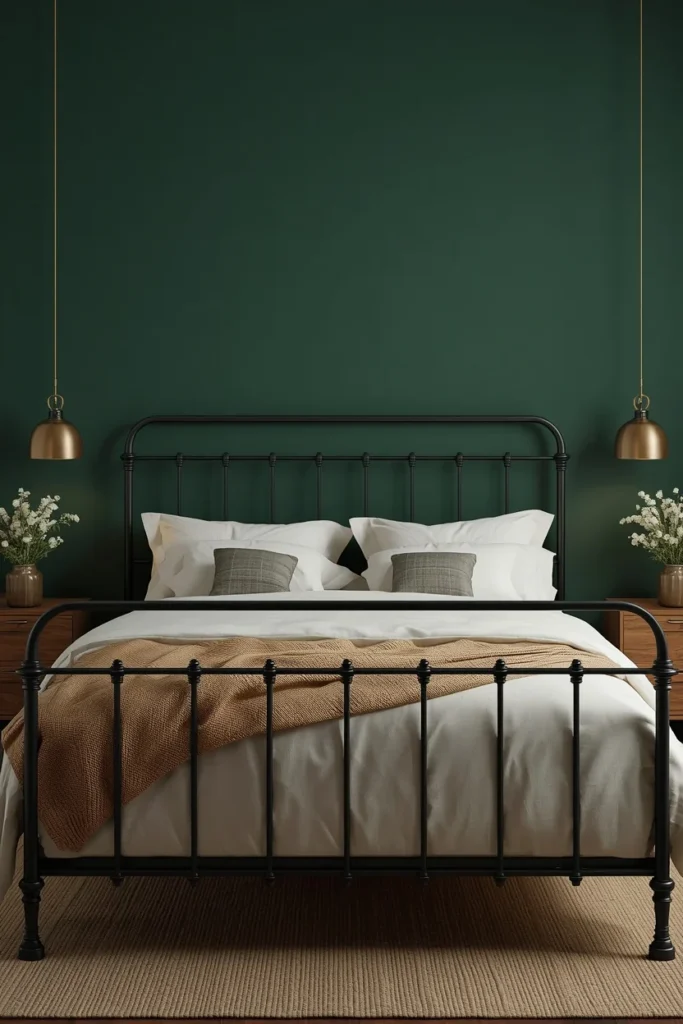 bedroom shot, featuring a deep forest green accent wall 