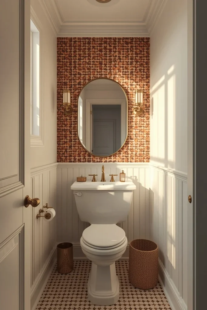 small powder room, featuring one bold patterned accent wall 