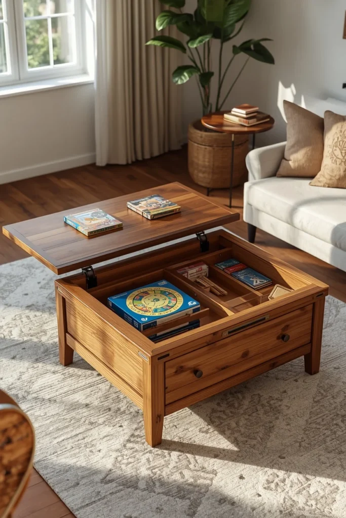 family room, featuring a warm wood coffee table