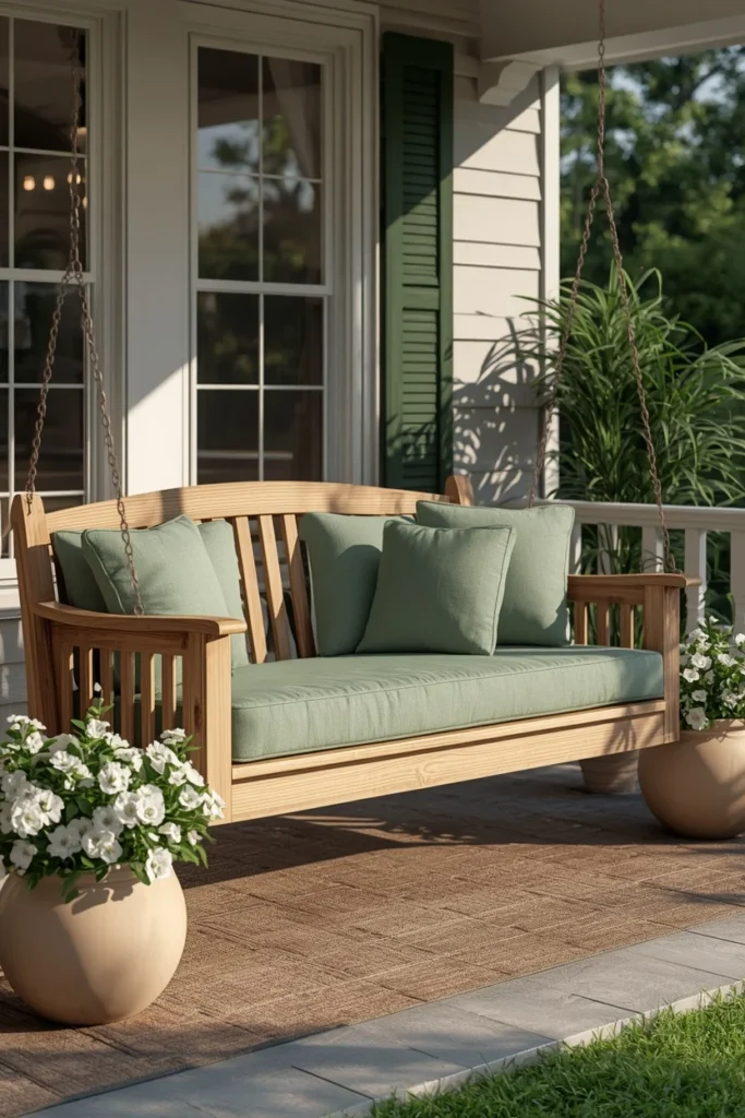 22 Front Porch Flower Ideas That Make Your Home's Entrance Bloom Beautifully 22 wooden porch swing with soft green cushions,