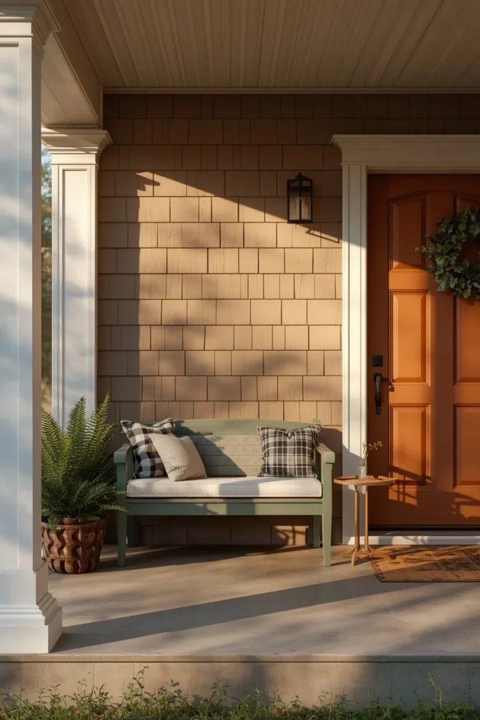 22 Home Entrance Decor Ideas That Make a Stunning First Impression Every Time 22 front porch entrance, featuring a small painted bench