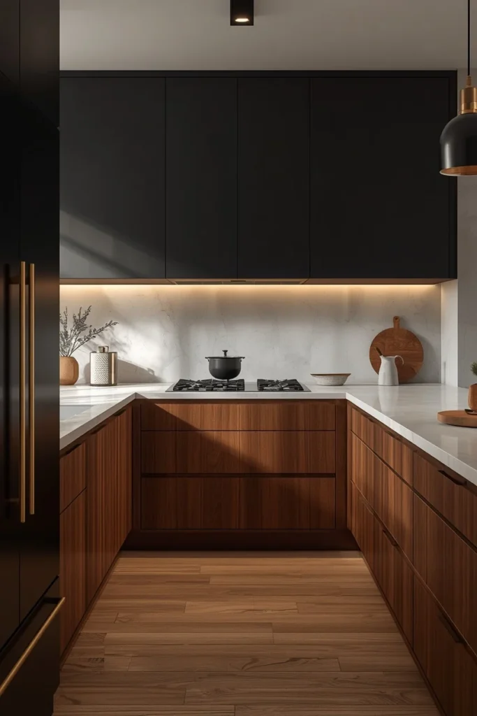 22 Mid Century Modern Kitchen Designs That Are Timeless & Stunning 21 modern kitchen, featuring matte black upper cabinetry