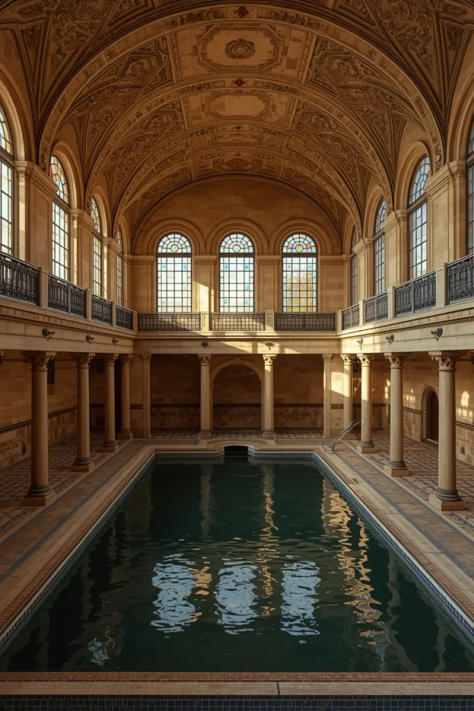 heritage bathhouse revival indoor pool, grand high vaulted ceiling