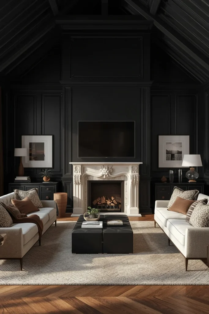 22 Moody Living Room Ideas That Are Rich, Dark & Incredibly Inviting 22 living room, featuring black paneled walls flanking a pale stone fireplace