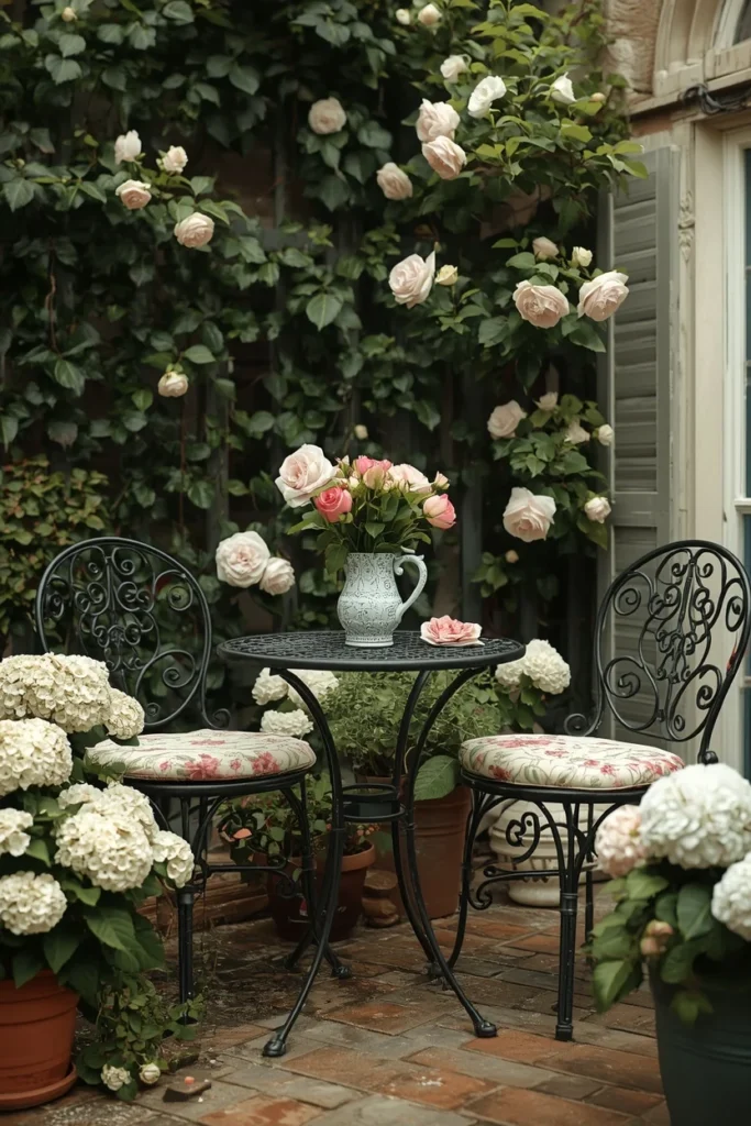 24 Outdoor Patio Furniture Ideas That Are Stylish, Comfy & Weather-Ready 22 vintage garden patio, featuring a black wrought iron scrollwork bistro table