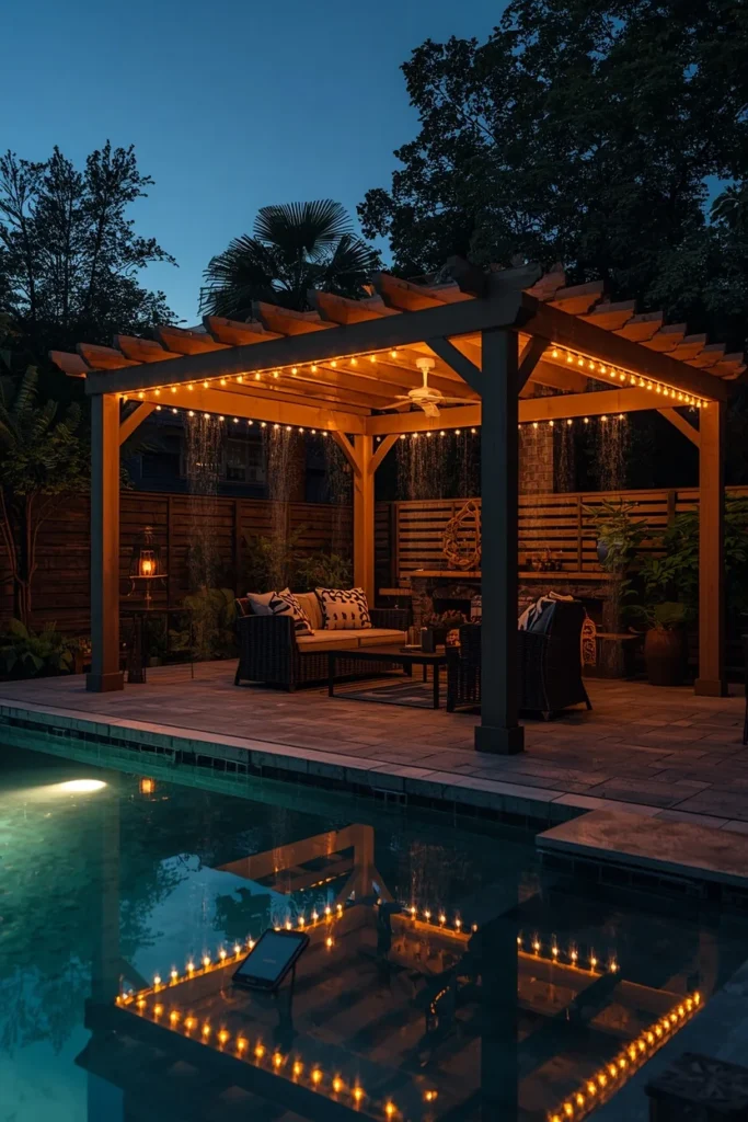 21 Pool House Ideas That Make Your Backyard Feel Like a Luxury Resort 22 backyard pool house, featuring app-controlled warm LED lighting