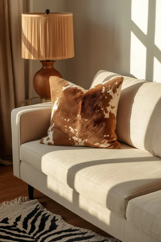 23 Rental Apartment Decor Ideas That Look Like You Actually Own the Place 22 rental living room corner, featuring a cowhide-print accent pillow