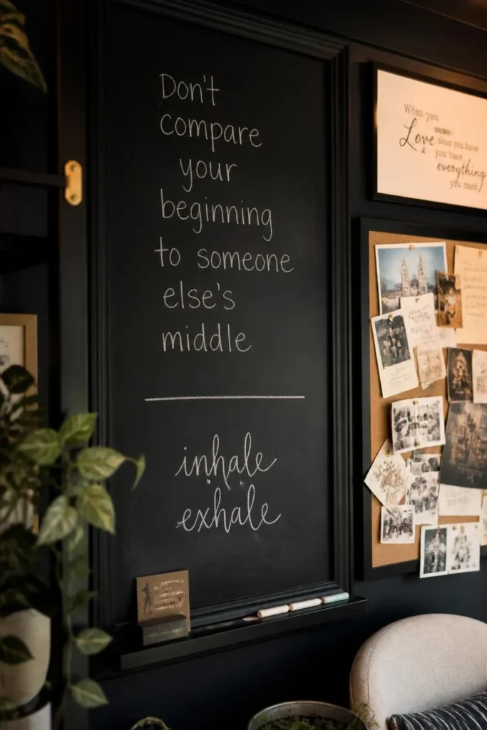 she shed interior, featuring a chalkboard-painted wall panel
