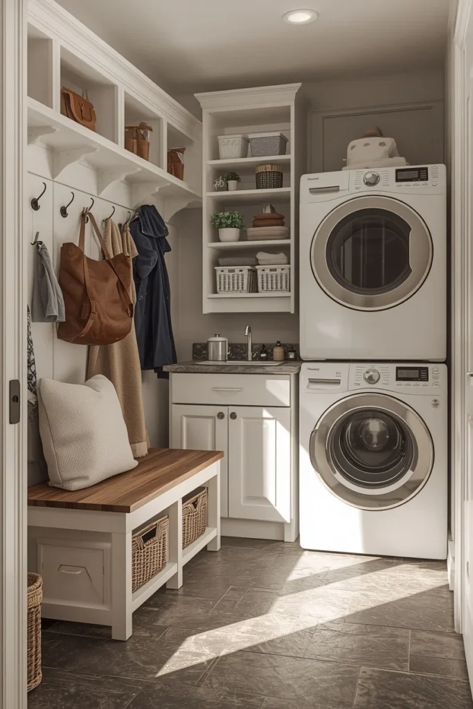 21 Small Laundry Room Ideas That Pack Function & Style Into Every Inch 22 small mudroom-laundry combo, featuring a wall of hooks and cubbies
