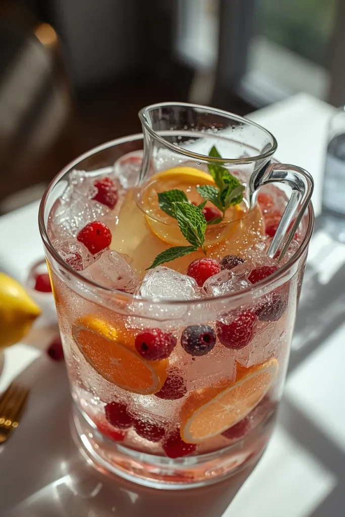 dining table centerpiece close-up, featuring a large glass ice bucket filled with frozen berries,
