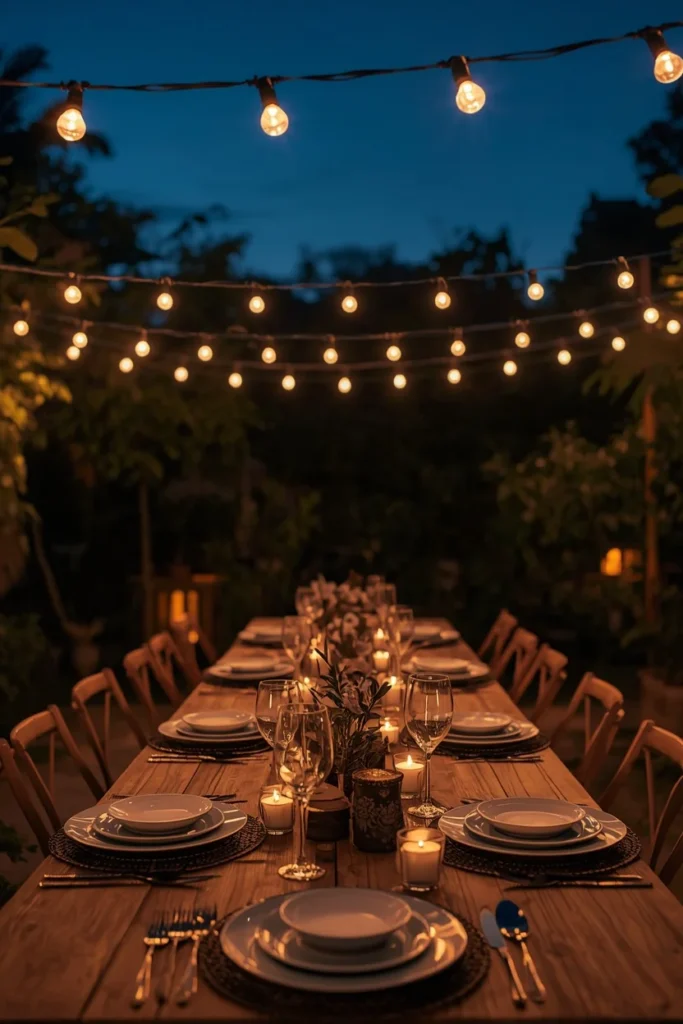 outdoor summer table at dusk featuring warm white string lights 