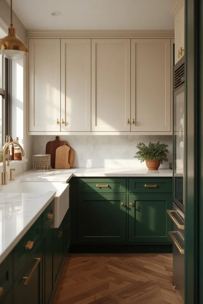 kitchen, featuring cream upper cabinets and deep green lower cabinets