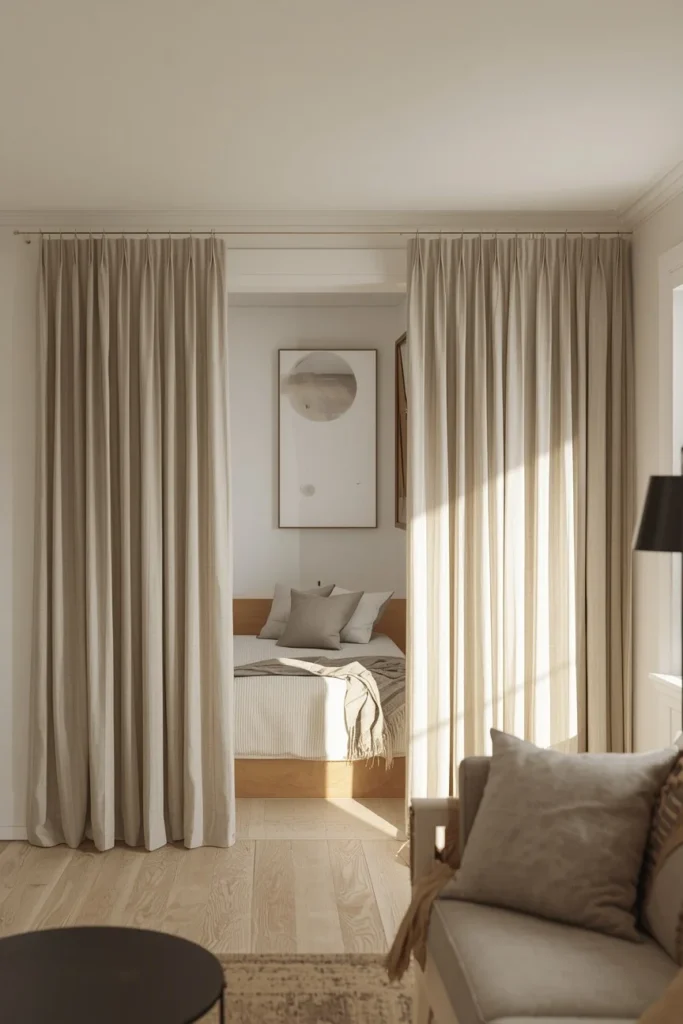 25 Apartment Living Room Ideas That Are Stylish, Smart and Totally Renter-Safe 23 studio apartment, featuring a heavy linen curtain