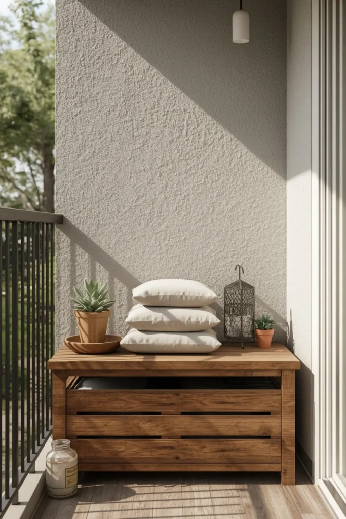25 Balcony Ideas That Turn Even the Smallest Outdoor Space Into a Retreat 23 small balcony, featuring a wooden storage bench