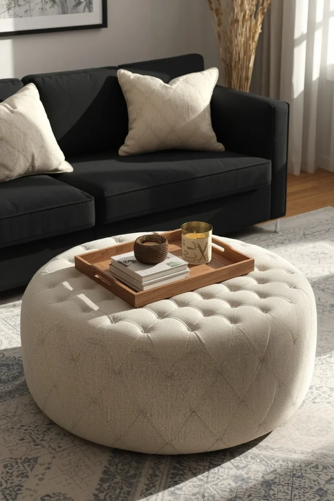  living room, featuring a black sofa with a large round cream bouclé ottoman 