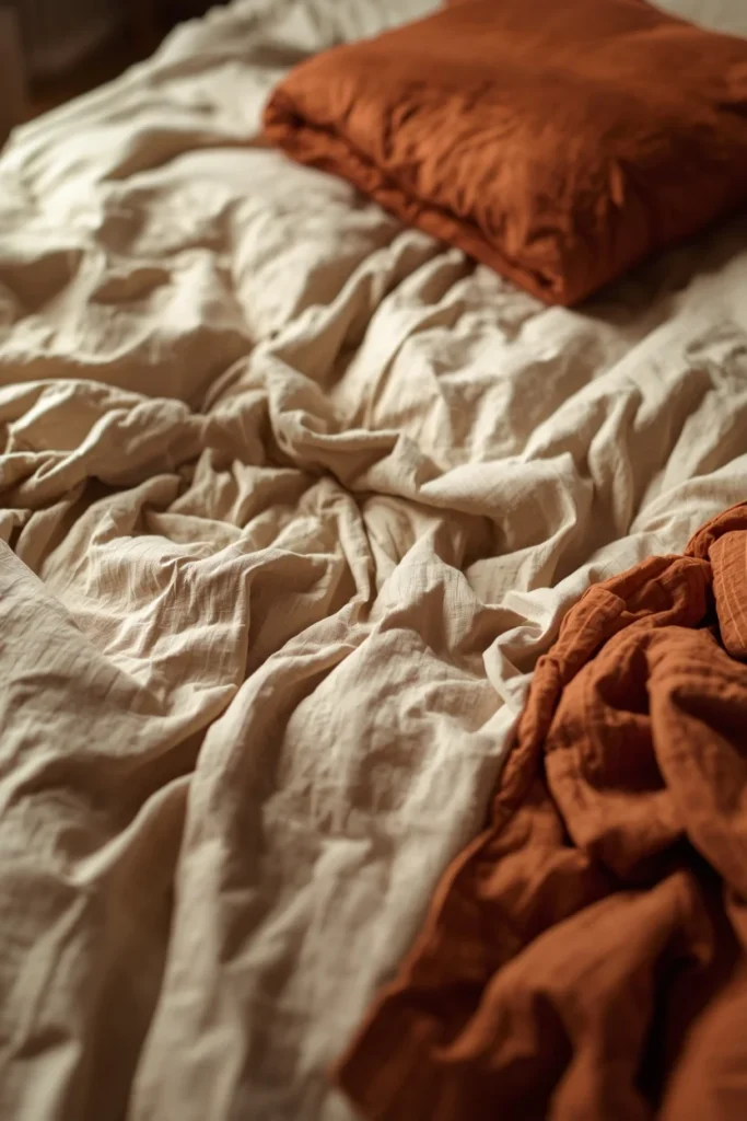 close-up bed shot, featuring wrinkled warm oatmeal linen bedding 