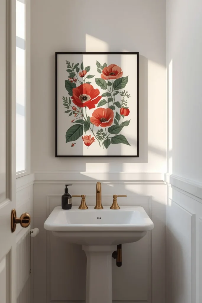 small bathroom, featuring a single sheet of bold botanical wallpaper 