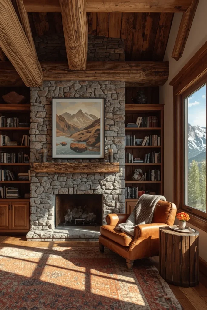 24 Dream Home Library Ideas That Are So Beautiful They'll Take Your Breath Away 23 mountain home library, featuring exposed wood timber beams