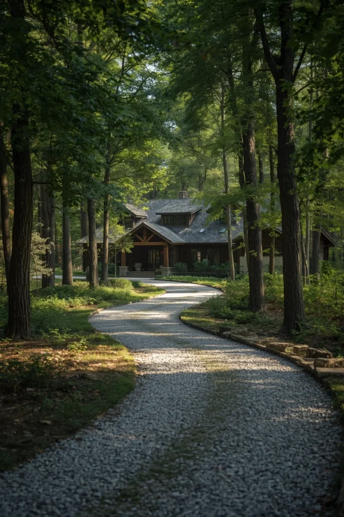 wooded property home exterior, featuring a gently curved gravel and stone driveway