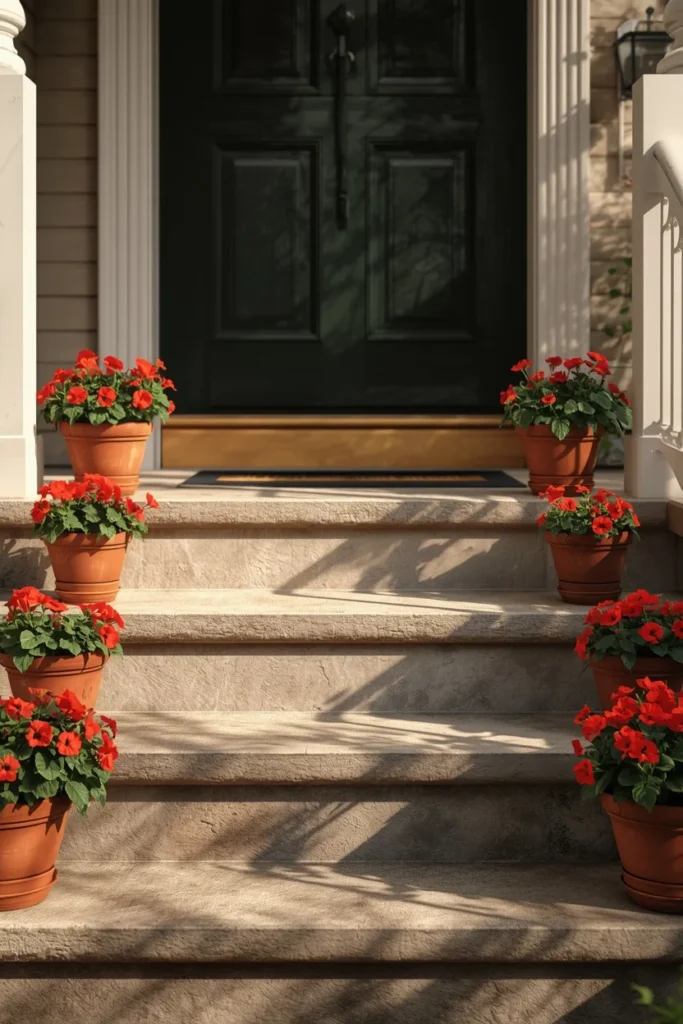 22 Front Porch Flower Ideas That Make Your Home's Entrance Bloom Beautifully 23 front porch steps lined with a row of small matching terracotta pots