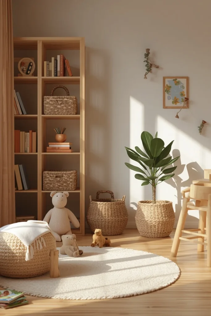 children's playroom, featuring natural wood shelving, 
