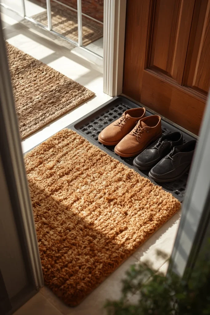22 Home Entrance Decor Ideas That Make a Stunning First Impression Every Time 23 home entrance threshold, featuring a natural coir welcome mat