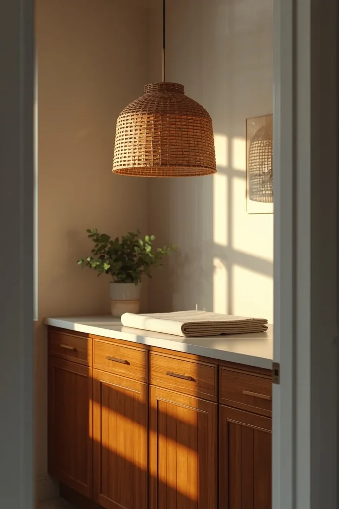 24 Laundry Room Ideas That Make the Most Dreaded Chore Actually Enjoyable 23 laundry room, featuring a woven rattan pendant light