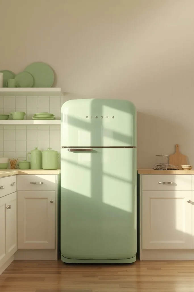 22 Mid Century Modern Kitchen Designs That Are Timeless & Stunning 22 modern kitchen, featuring a rounded mint green retro-style refrigerator