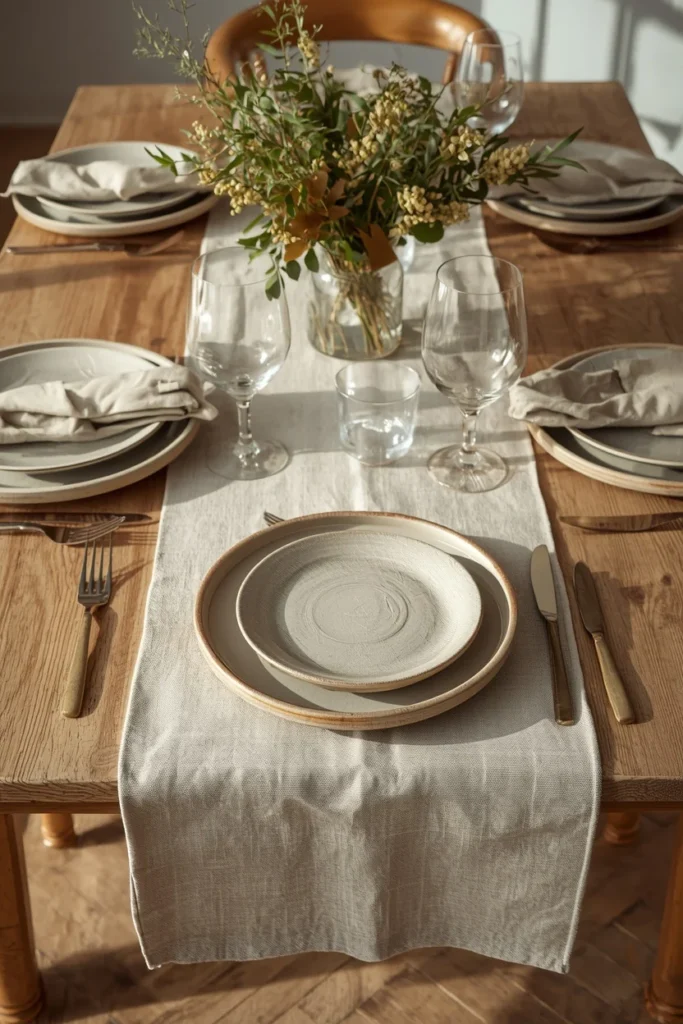 25 Modern Dining Room Ideas That Are Chic, Sleek & Totally Pin-Worthy 23 dining table styling vignette, featuring a stonewashed linen