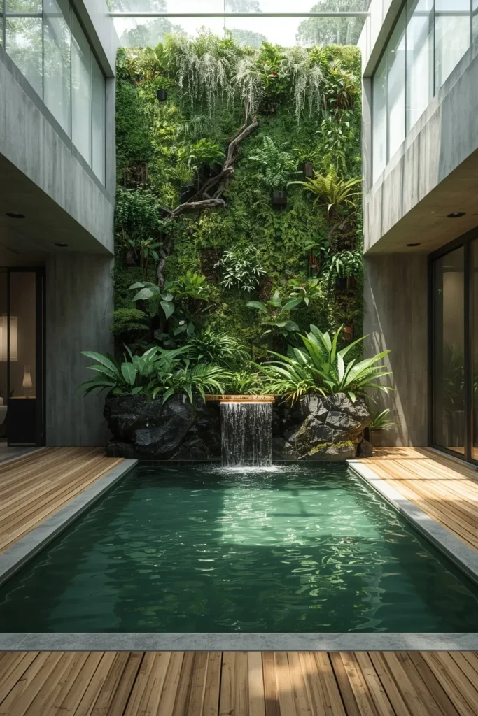 biophilic indoor pool with vertical living wall,