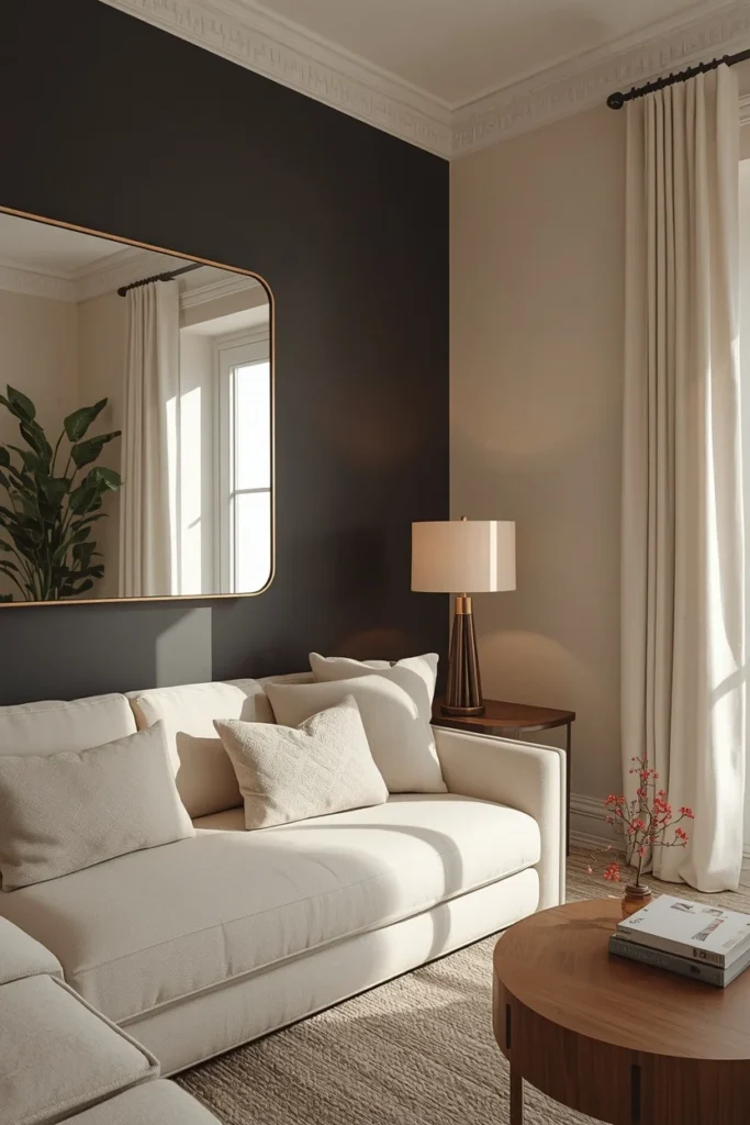 22 Moody Living Room Ideas That Are Rich, Dark & Incredibly Inviting 23 small living room, featuring one deep charcoal accent wall