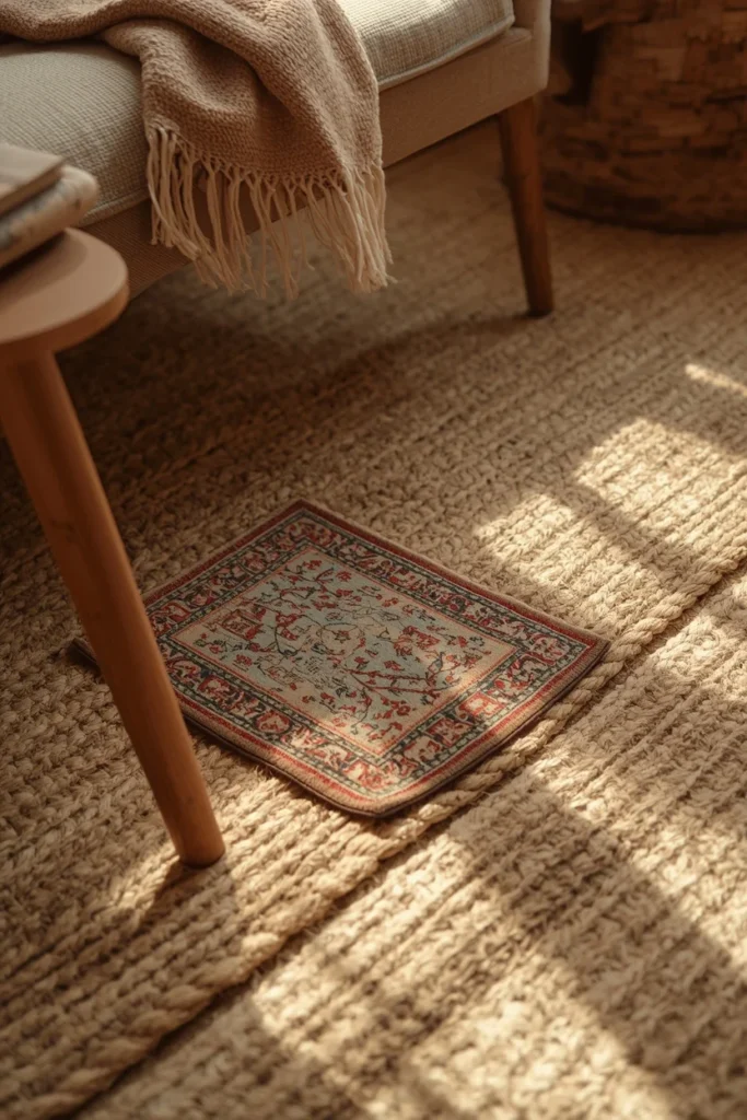  she shed interior, featuring a small worn vintage-pattern rug