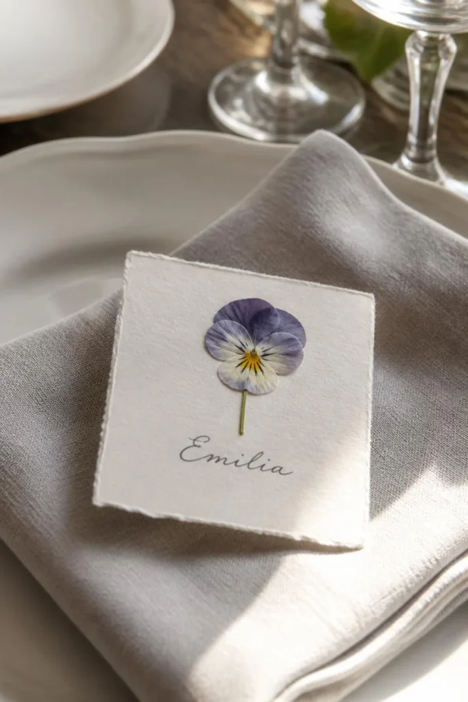  dining table place setting close-up, featuring a small handwritten place card