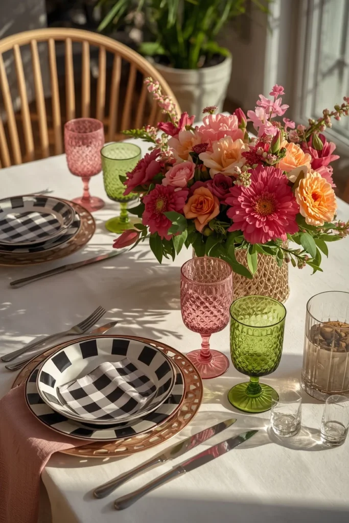 summer dinner table featuring bold black and white checkered plates