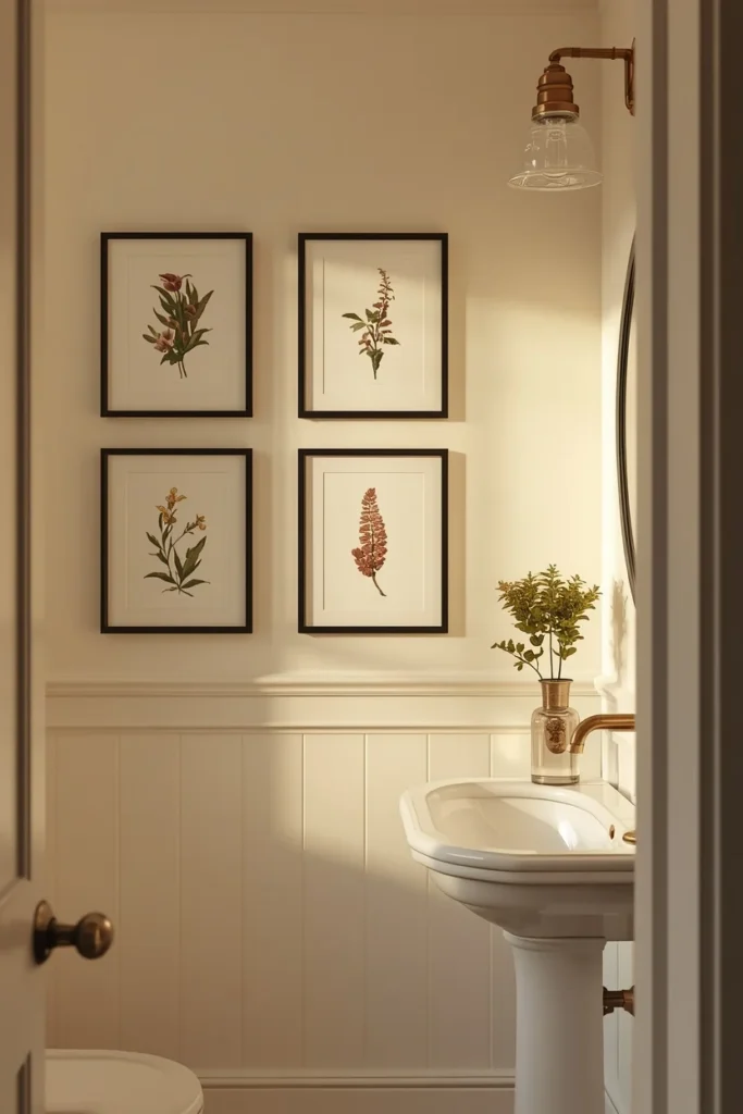  small powder room, featuring a gallery wall of five small black-framed botanical prints