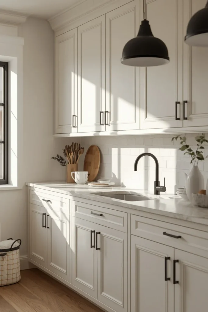 kitchen, featuring warm white cabinetry throughout with soft matte black hardware