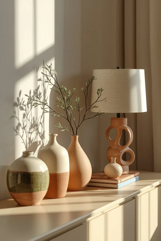 25 Apartment Living Room Ideas That Are Stylish, Smart and Totally Renter-Safe 24 apartment console table display, featuring a grouping of mismatched ceramic vases