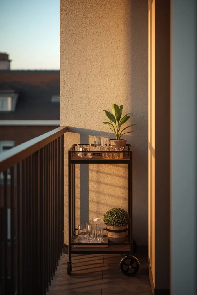25 Balcony Ideas That Turn Even the Smallest Outdoor Space Into a Retreat 24 narrow balcony, featuring a slim wheeled bar