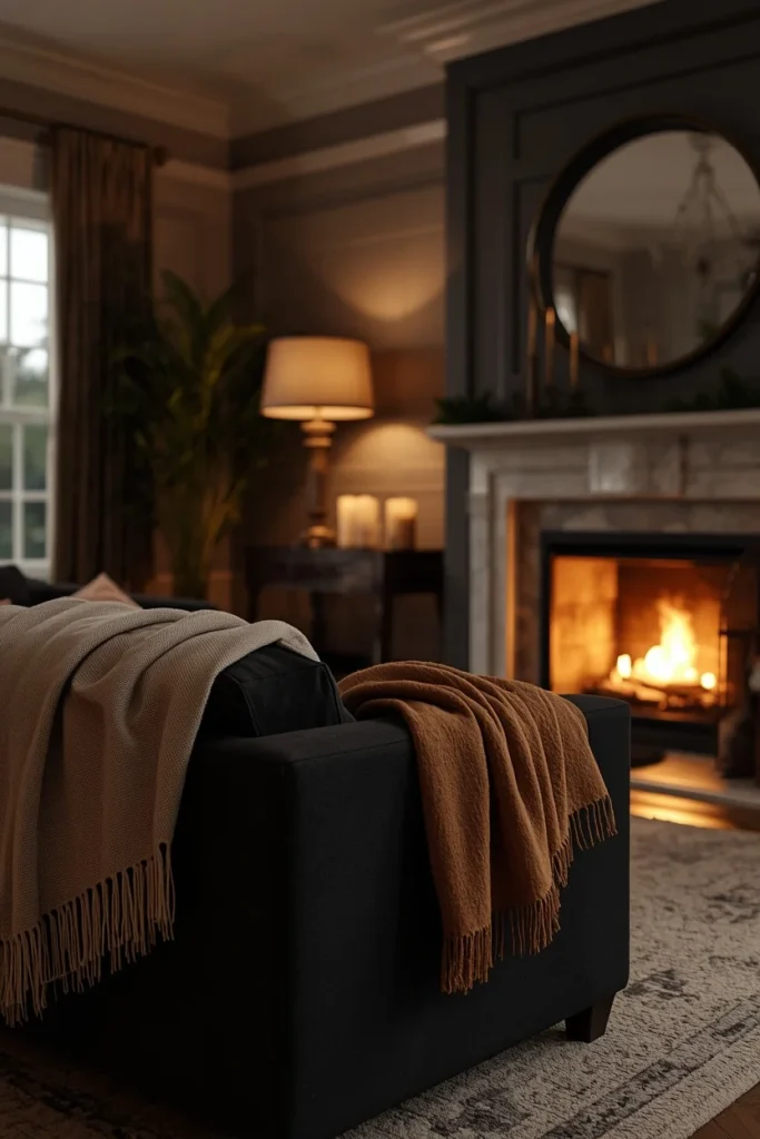  living room, featuring a black sofa facing a lit fireplace, 