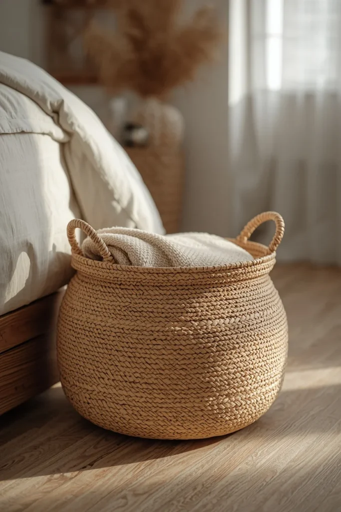 bedroom floor detail shot, featuring a large wide woven seagrass basket 