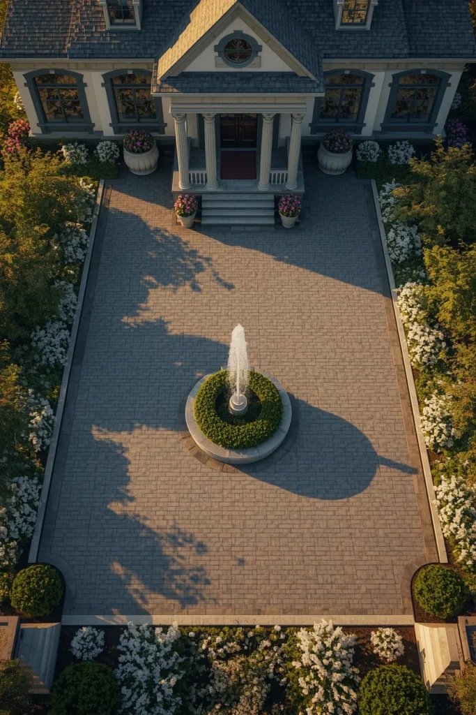 grand estate home exterior, featuring a wide paver motor court 
