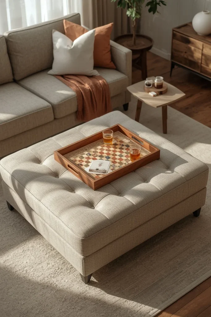 family room, featuring a large upholstered ottoman in durable neutral fabric 