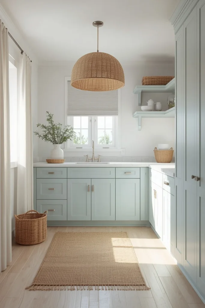 23 Laundry Room Design Ideas That Turn a Chore Space Into a Design Feature 24 coastal laundry room, featuring pale seafoam blue shaker cabinetry