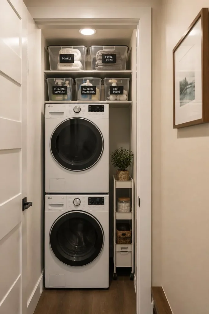 24 Laundry Room Ideas That Make the Most Dreaded Chore Actually Enjoyable 24 small laundry closet, featuring narrow vertical shelving